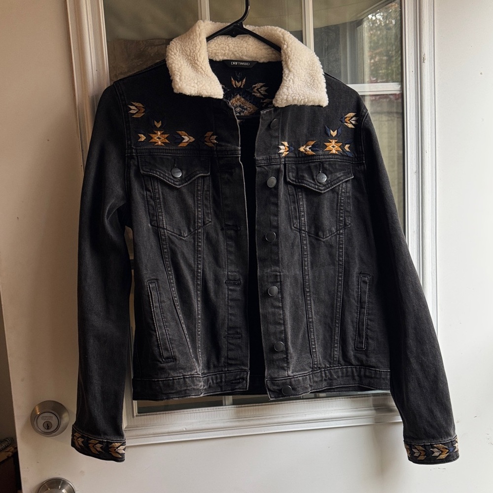 Anthropologie “driftwood” Dark Gray Denim Jacket with Sherpa Collar